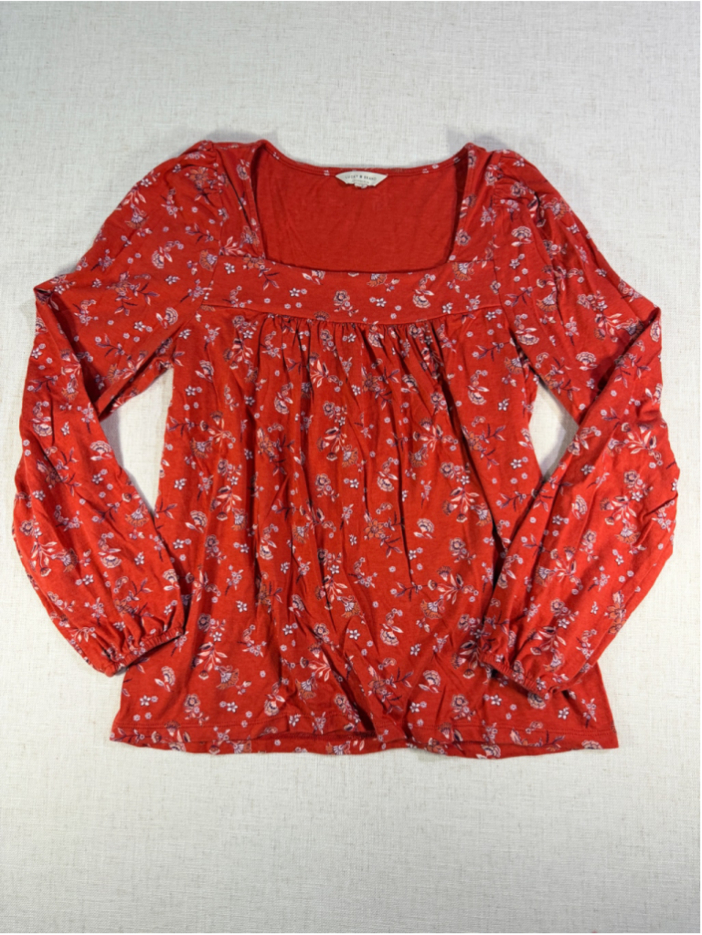 Lucky Brand Women’s Floral Square Neck Babydoll Peasant Top Rust Red Small